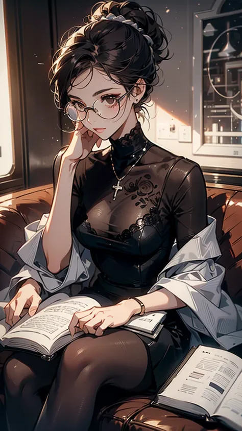 Sophia Hamilton, an enigmatic and intelligent psychologist, sits in the corner of the cruise ship’s lounge. She wears a sleek black turtleneck and a stylish pair of reading glasses, her dark brown hair tied back in a neat bun. Her expression is calm and ob...