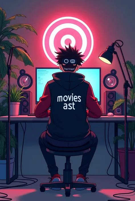 Create a image of "A 18 years anime boy, sitting in front of a computer desk with a microphone and laptop, wearing black and red hoodie and  black mask with the Channel Name on it "movies ast".

The background includes a large camera logo on the wall, pott...