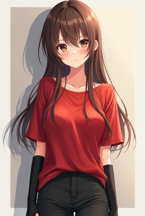 Anime girl with red top‚ loose pants and black warmers. With also a beautiful brown hair