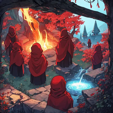 From the POV of a red well, four black cloaked cultists are peering into it.