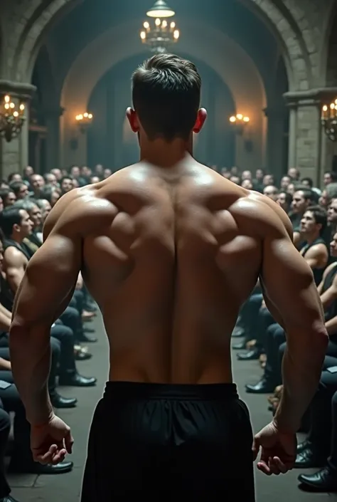 younger, Muscular bodybuilder showcases his back muscles in a medieval cellar vault. A rich audience is watching.