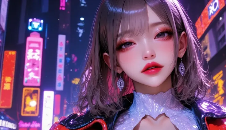 (masterpiece, Best picture quality, 8k), Idol appearance, adult,  perfection of fashion,  Korean makeup, Lip Tint, whole body, frontal, A faint smile,New York downtown ,night view, Neon Sign ,  Finely drawn , Realistic, Outdoor,  ultra high definition, 3D ...