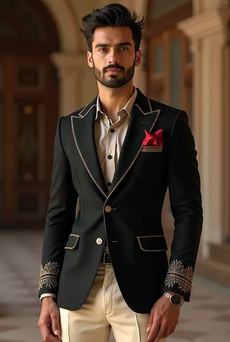 Man in 20s wearing Black suit coat with Piping work and beautiful Black Zari embroidery work on Coat pocket and sleeves cuffs and Ivory pants for wedding wide realistic
