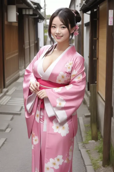 kimono pink, big breasts, whole body, from diagonally, look at viewer, smile,