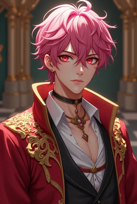 Young man with  pink hair and red eyes. He is often seen wearing royal robes and attire. 
