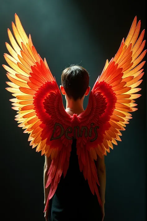 A stunningly vibrant and intricate image of colorful Vietnamese wings, with a name "dennis" delicately crafted with feather-like patterns. The wings are adorned with a rich array of colors, including reds, oranges, and yellows, which contrast beautifully a...