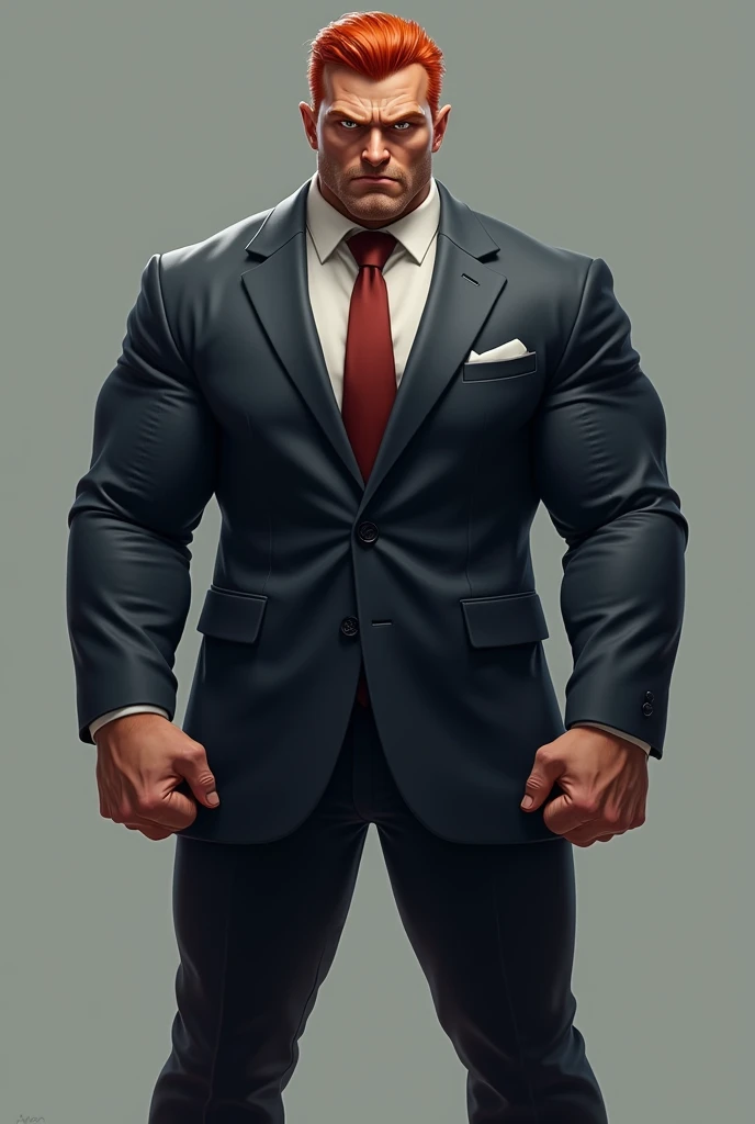 Very muscular build a man in his mid-30s .  Red hair with light brown eyes .  2 meters tall .  Look dangerously at the camera and doesnt laugh. Full body image in a suit