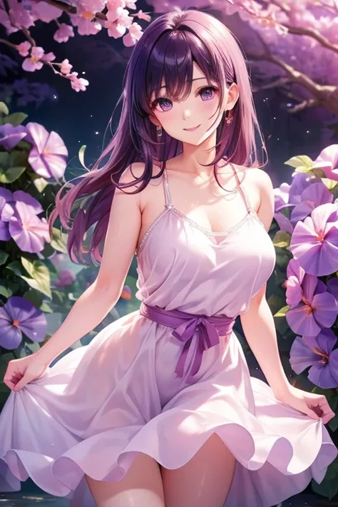 ( High Quality ,  Hi-Res,  Sex), Surrounded by purple morning glory flowers, Beautiful white dress, Alone,  standing ,  Curvy Adult Women, Sparkling Eyes, ( Details Eyes :1.2), smile, , sweat,  oily skin ,  bright color , Soft Tone,  shallow depth of field