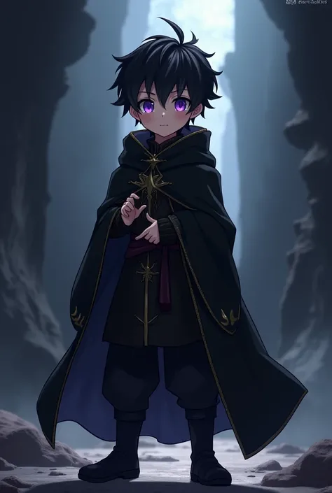 A black-haired boy with purple and purple eyes and wearing a black wizard costume (anime version) and wearing black shoes 
