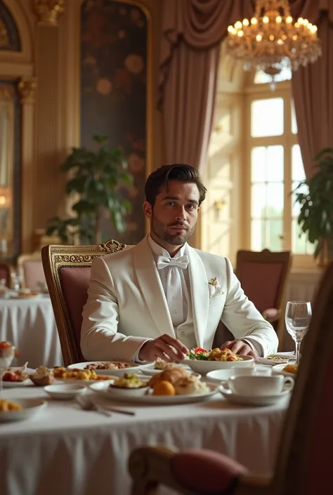 A 30-year-old white man wearing a white princes suit in a palace sits dining at a table.