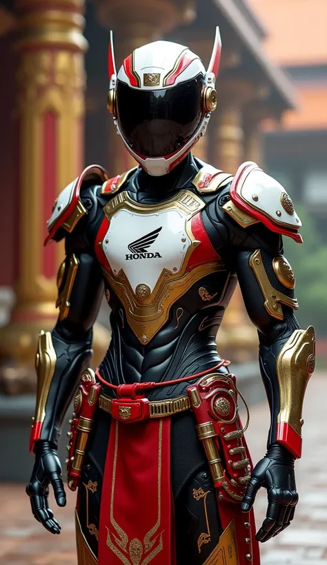  This years photo is a 16k image of a futuristic ancient Thai warrior. , Inspired by Tuk Tuk. Red & White,  Gold and black details .  Honda logo on chest ,  A design that combines traditional Thai elements with advanced technology .  helmets With a mask th...