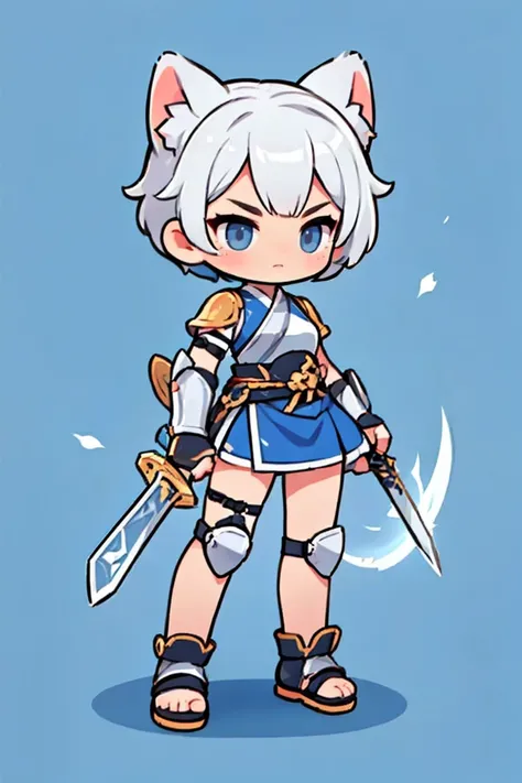 Short hair,  cat ears,  cute female warrior style,  European RPG Warrior Full Body Armor, Carrying a sword and wielding it .  dynamic pose, Battle Action ,  3 tall , Natural background.  white hair ,  Costume Full Body Iron Armor , Costume color sky blue a...