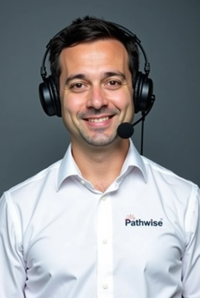 Man wearing headband headphones with microphone ,  wearing a white shirt with the name of his company: Pathwise 