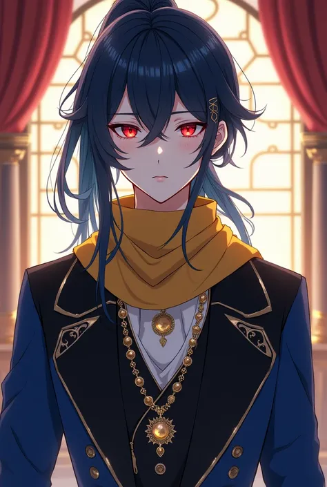 A quiet anime young man with sharp red eyes represents long indigo hair tied to a black ribbon  ,  with fair skin. He wears all beautiful and luxurious black fantasy clothes, such as the clothes of nobles, represented by a short indigo jelly, half of which...