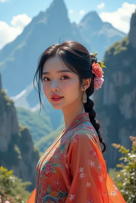 A 25 year asian women with colourfull dress more realestic human with mountain in background 