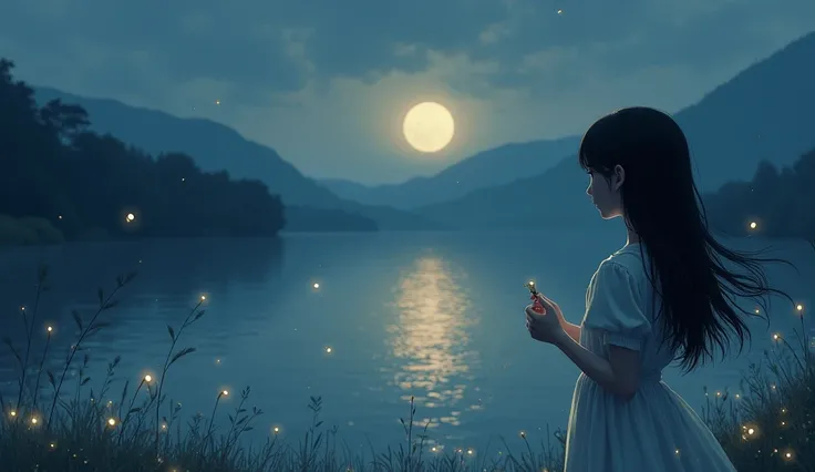 , the background is a lakeside style
On the lakeside shrouded in gentle moonlight，, the girl wears a simple white dress ，, her skirt swings softly with the evening breeze ， staring at the mountain shadows in the distance 。Her long hair is blown by the bree...