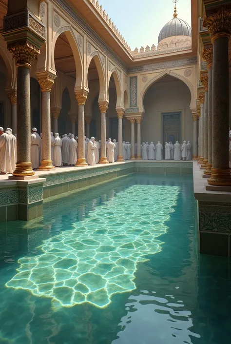 The Holy Zamzam Well inside the Masjid  with crystal-clear water flowing and pilgrims drinking from it."

