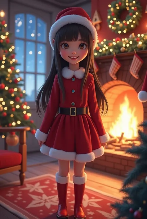 Cheerful girl, festive Santa costume, mini skirt, long sleeves, indoors, gazing at viewer, warm glow from fireplace, decorated Christmas tree, starry night sky background, Santa boots, long hair cascading around shoulders, cozy holiday atmosphere, photorea...