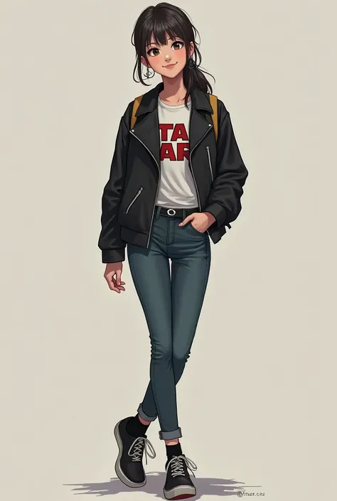 neat Japanese woman、、Ear piercing、Leather jacket、smile、 starwars shirt,, likes Star Wars, marvel and skateboarding, all interests should be inclouded, she should wear something deadpool or Spider-Man themed, a whole body shot with a neutral background 、Ski...