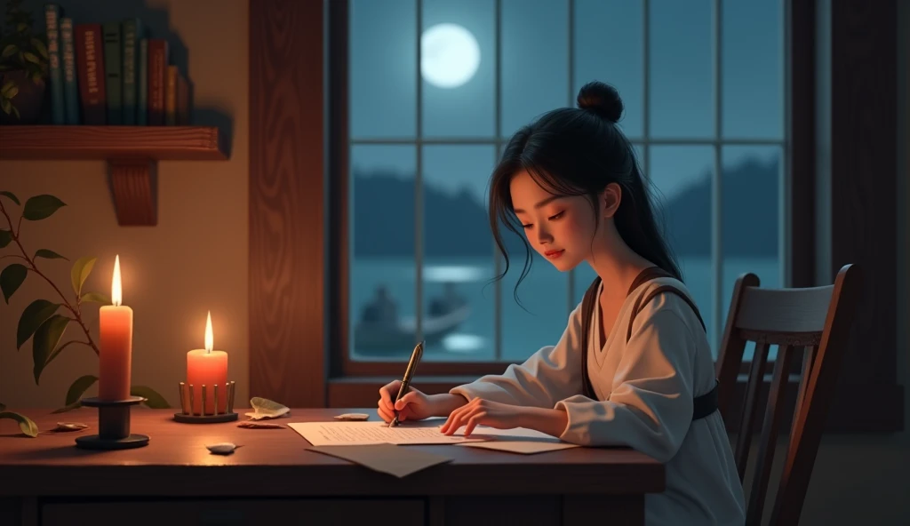 3D animation style A  room for writing letters
A Yue sits at a simple wooden table，The candlelight faintly illuminates her thin face。There are a few pieces of letter paper and a swallow feather scattered on the table，She holds a fountain pen in her hand， h...