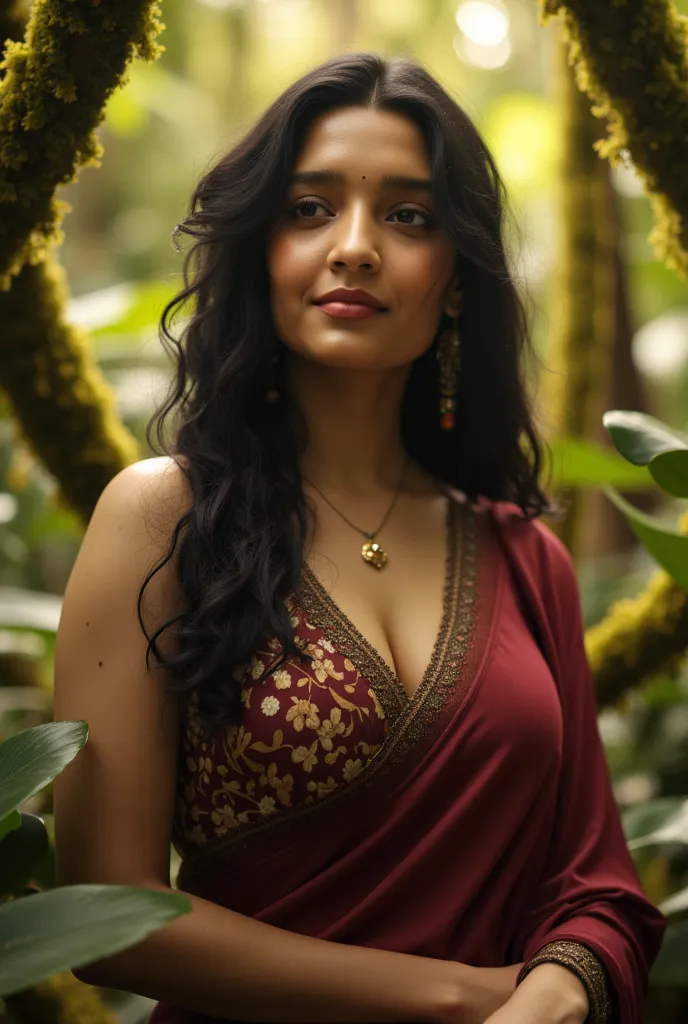 a young girl in a forest, detailed portrait of a beautiful girl with black hair, detailed face and body, perfect proportions, ph...