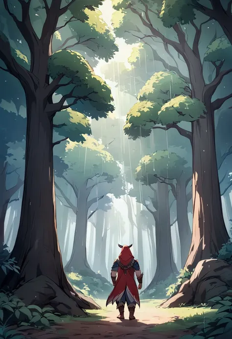 Male in his 20s. Fantasy. 활을 든. MONSTER HUNTER. In the forest.  shade of a tree in the middle of the day.  red hooded cape with bow .  animation of raining. 