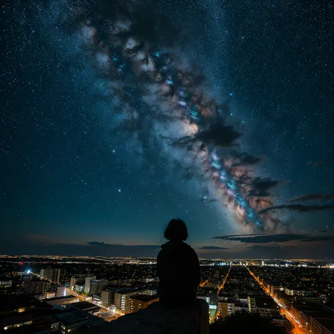 octans, null, star (null), scenery, 満天のstarnull,   knight ,  1 girl,  Midnight, Alone, Outdoor, Mountain top, cloud, milky way,  sitting, tree,  Short Hair, city,  silhouette, cityscape