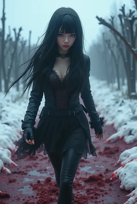 Hight quality, realistic, very beautiful freya, Jkt48 Freya, walking past piles of blood started profusely covered male, Many sharp ice stuck to Male body, Freya very thick hair, freya idol Indonesia