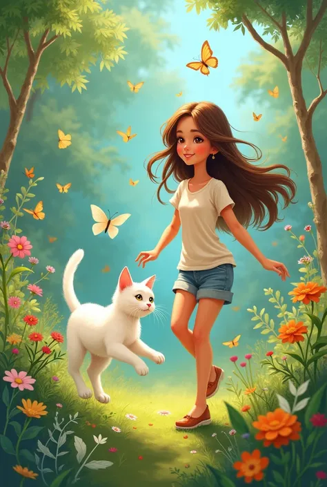   Bancy with brown hair and brown eyes loves animals,  she has a white cat , and she plays with him .
 Bancy goes to the garden with a white cat and runs .
 Bancy plays with butterflies ,  and the cat looks at her .
 The cat loves butterflies and runs ,  t...