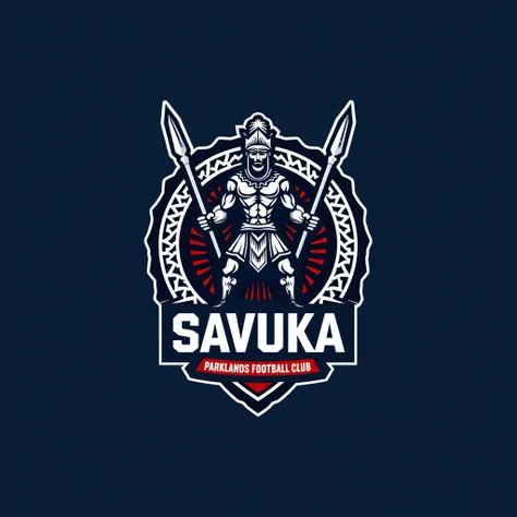 Soccer team logo with name SAVUKA, motto Parklands football club ,dark blue and white colour ,african spear and shield theme