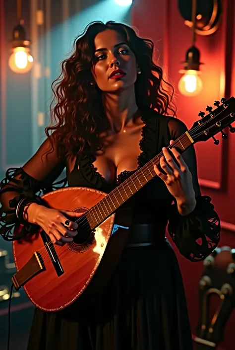 a sexy tall curvy voluptuous ashkanzi jewish woman with long curly dark hair and green eyes playing klezmer music on a balalaika on stage in a small intimate venue, detailed facial features, masterpiece, photorealistic, cinematic lighting, dramatic composi...