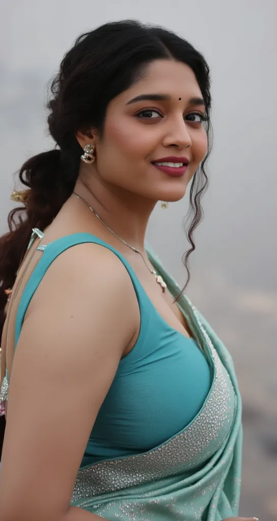 from bottom view, long shot photo of sexy indian, look at viewer and subtle smile, curvy athletic figure, open arms, sexy armpit...