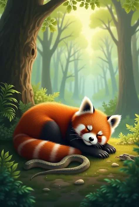 A red panda sleeping and one snake come near