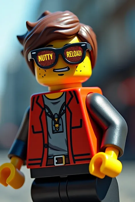 A cool lego character wearing sunglasses.. In right side of the glass theres written nutty and on thr left side of the glass theres written Reloaded. Texts will be written in vibrant bold font 