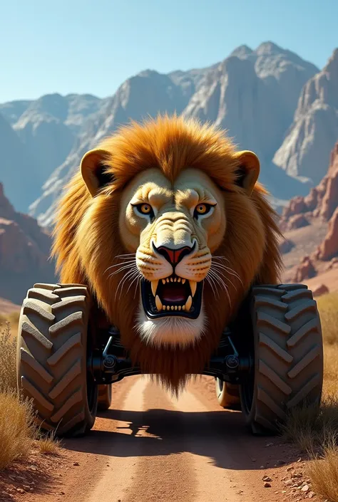  is a four-wheel drive car with a distinctive design inspired by the features of a lion. Its front has realistic details of the lions face with prominent eyes and a front that looks like lions fangs. The car body is covered with a texture that looks like g...