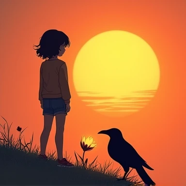 
Generate an art that fits the following description: HD resolution featuring a girl facing the sun in casual clothes, standing on a plain hill with a black raven and glowing flower bud, against a warm-toned sunrise background.