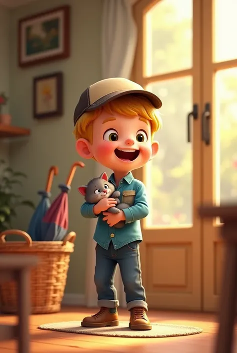 A 2d cartoon " A young  boy who have golden hairs, wearing cap and blue pent shirt , take the grey kitten to his home put the umbrella near door in a basket and show kitten to his mom "