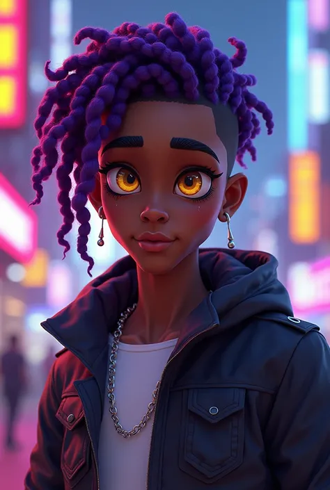 game, a young African American male character, purple cornrows hair and yellow eyes, wearing modern styles clothing 