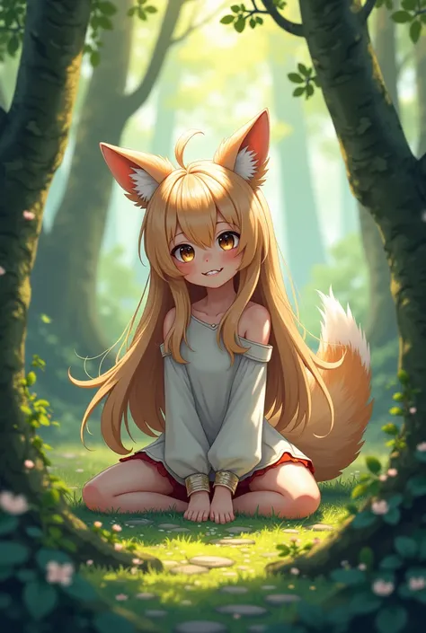 Horo girl with ears and tail sits in the forest and smiles, she has long wolf fangs