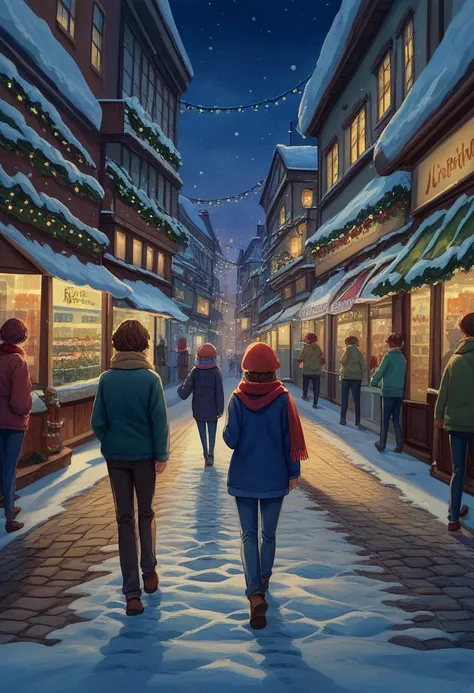 A snowy shopping street
"Cute couple, ((: 1.5)), (masterpiece: 1.2), (best quality: 1.2), (high definition: 1.1), soft winter lighting, Pastel color palette, anime artwork, dynamic angle, walking hand in hand through a snowy shopping street, sharing a scar...