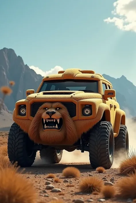 
A four-wheel drive vehicle with a distinctive design inspired by the features of a lion, its front has realistic details of a lions face with prominent eyes and a front that resembles a lions fangs, and the body of the car is covered with a texture simila...