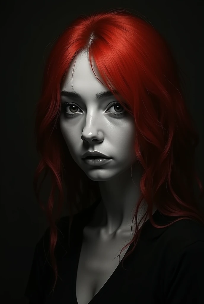 Beautiful woman lonely red hair in black and white with red hair