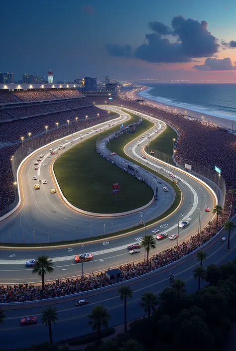 Circuit de type NASCAR ; international speedway ; forme en D ; près dune plage en Floride ; gradins ; piste éclairée ; stock-cars en course ; réaliste