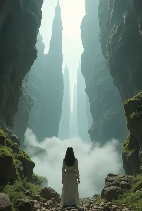 The Decayed Sky City , Part of the rock layer with the stylish appearance of a very beautiful woman who creates a rock layer like a 12-meter-high 3D prop has collapsed。Back view of an explorer looking up 、A ray of light shines through、 Clouds Spread Beneat...