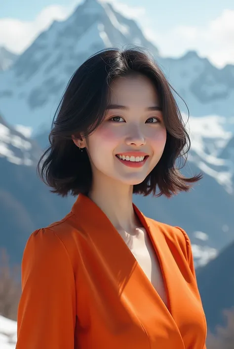 A 30 year old asian hot women with orange dress more realestic human with mountains in background with a pretty smile