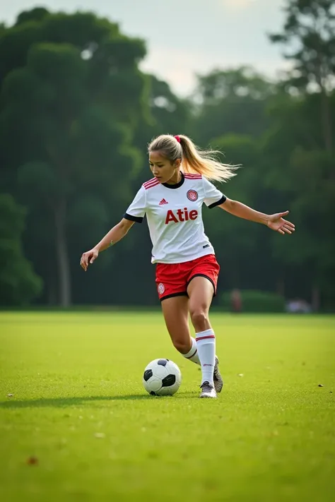 Uhd 8k a beautiful native Indonesian woman with blonde hair in a ponytail tie is playing football in the middle of a green grassy field wearing a ball uniform outfit inscribed ATIE short sleeved t-shirt of white color and shorts in red using ball shoes and...