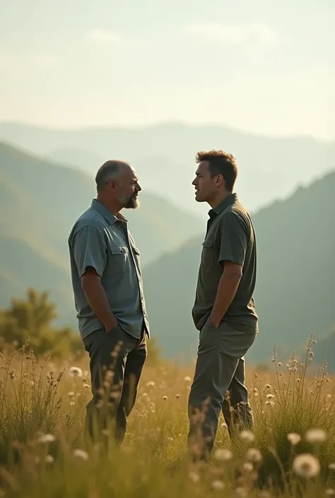 Two men, in their 30s, wearing trousers, stand talking to each other in a field.