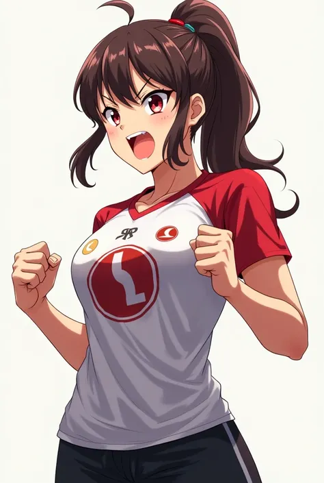 Create an image in anime girl with sport shirt with angry face with full body image