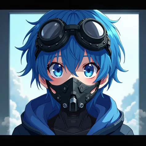 Anime boy wearing a black robot mask, blue eyes, blue hair, and Wear a fantasy, robot and steampunk Cant see the face because of the robot mask.Letterboxed, Put the Goggles on Head anime style 