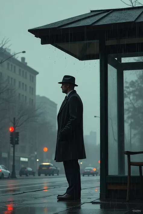 A man waiting for the bus in the rain
